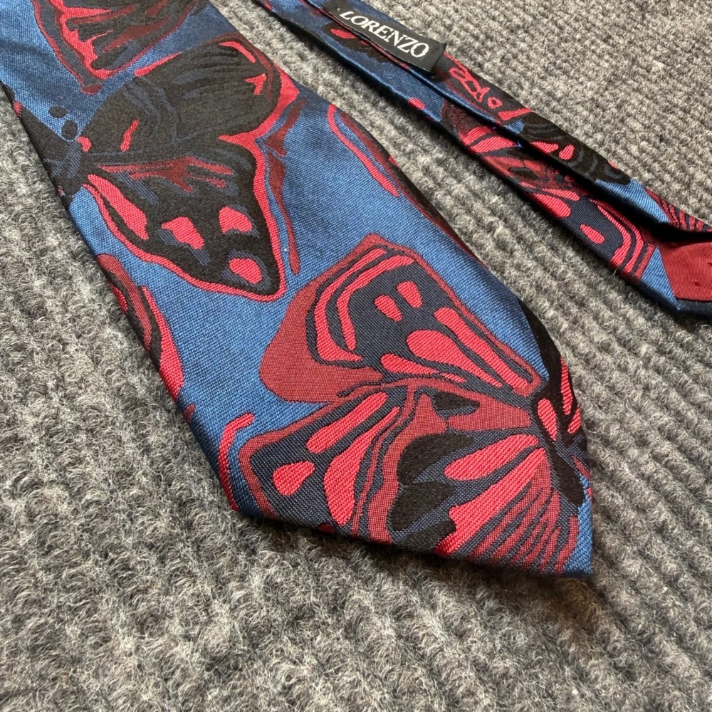 90s Vintage Lorenzo Silk Butterfly Necktie Blue Red Black Made Italy Handmade